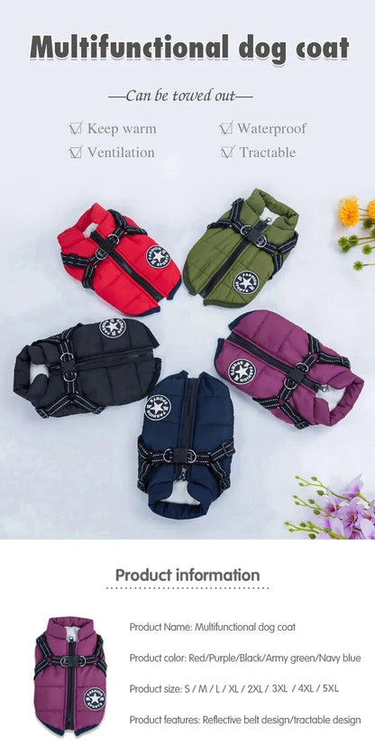 Large Pet Dog Jacket With Harness Winter Warm Dog Clothes For Labrador Waterproof Big Dog Coat