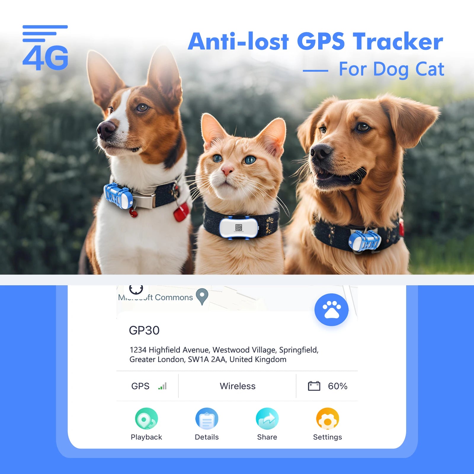 ‌4G Dog Cat GPS Tracker for Pets - Waterproof Smart Locator with App, Live Tracking & Light/Sound