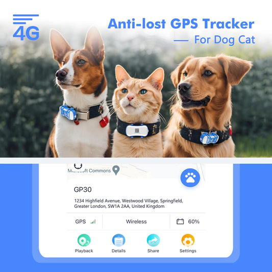 ‌4G Dog Cat GPS Tracker for Pets - Waterproof Smart Locator with App, Live Tracking & Light/Sound