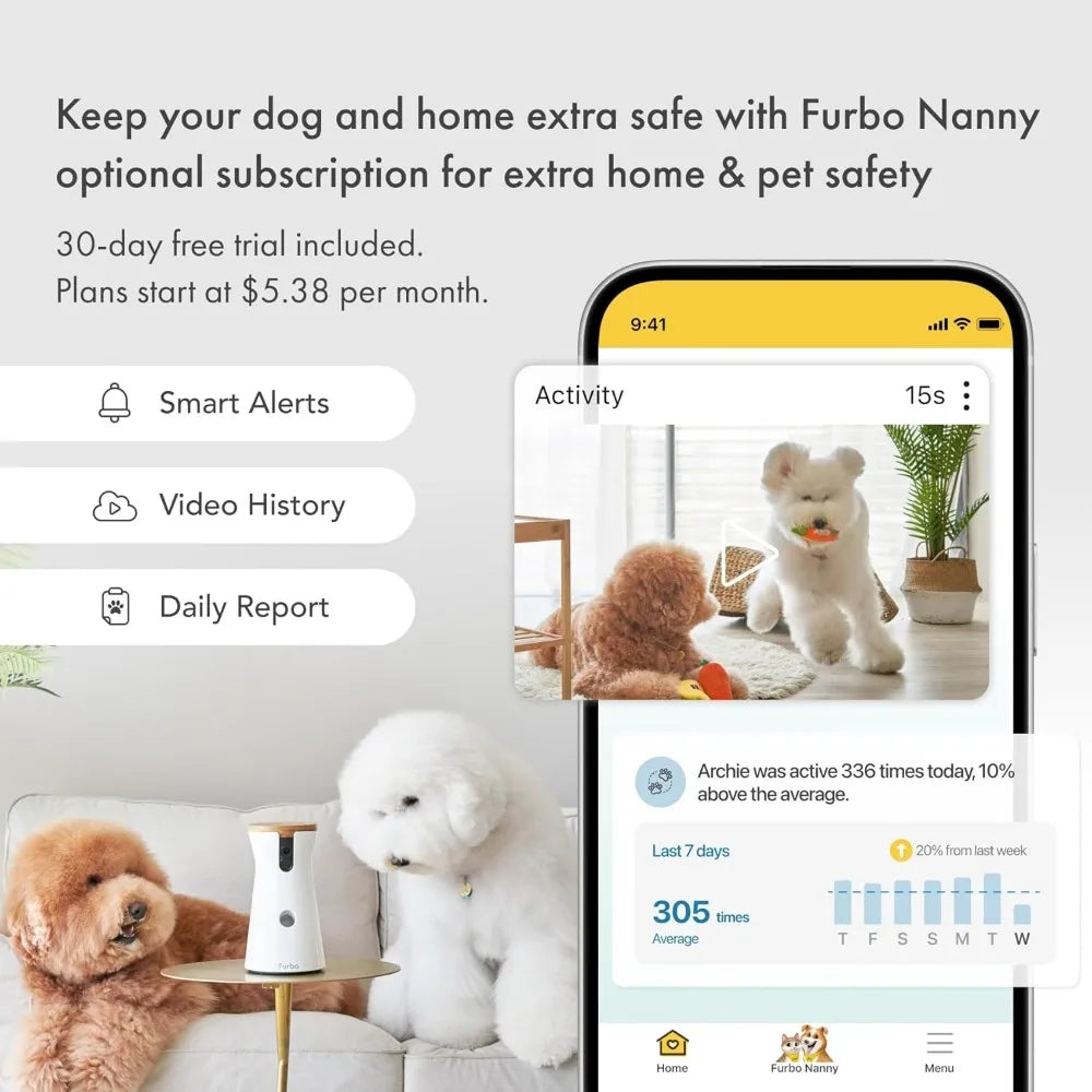 360° Dog Camera: Home Security Camera with Barking Alerts, Rotating Pet Treat Dispenser with Phone App