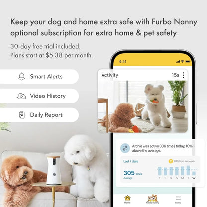 360° Dog Camera: Home Security Camera with Barking Alerts, Rotating Pet Treat Dispenser with Phone App