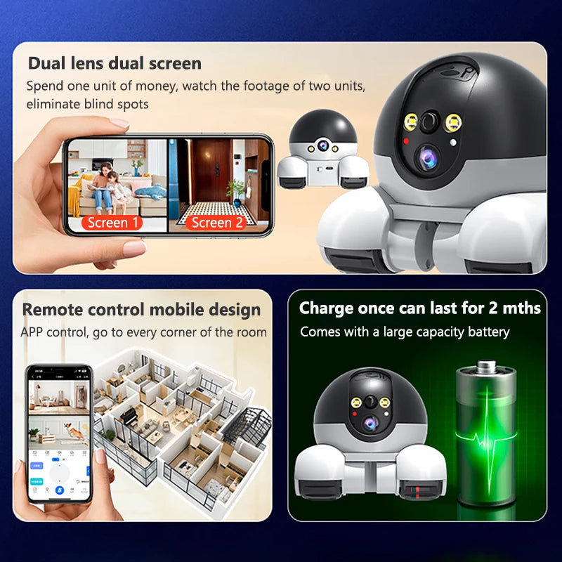 WIFI Dual Lens Robot Camera Dual Screen Monitoring 1080P HD PTZ IP Security Surveillance Camera Auto Tracking Baby Pets Monitor