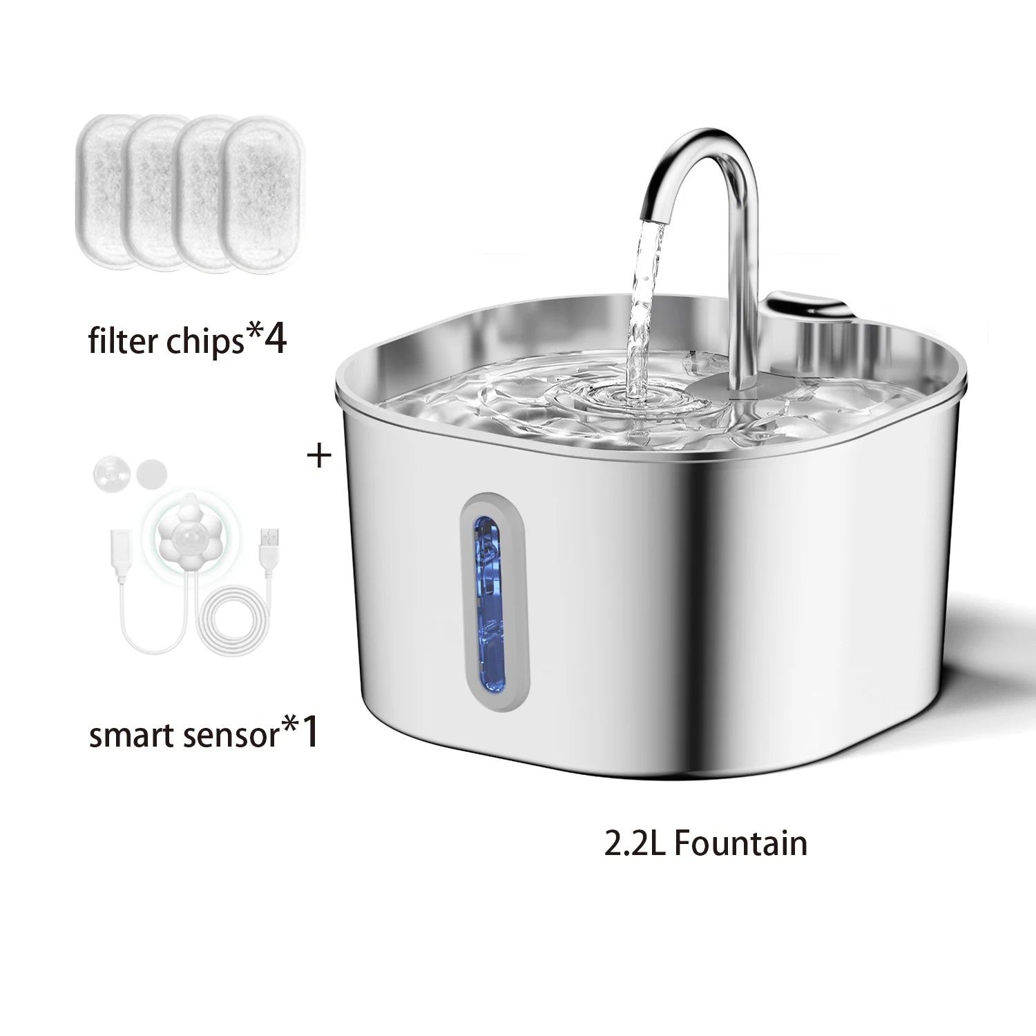 2.2L Automatic Cat Water Fountain Square Stainless Steel Pet Water Feeder Dog Water Fountain with window（No 5V 1A Plug）