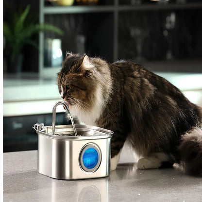 2.2L Automatic Cat Water Fountain Square Stainless Steel Pet Water Feeder Dog Water Fountain with window（No 5V 1A Plug）