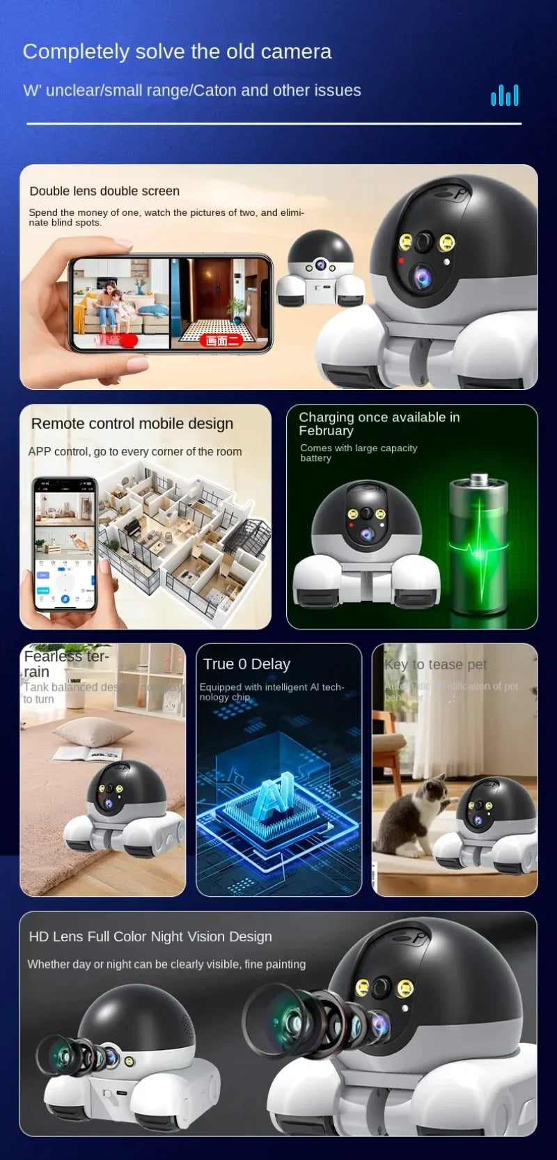 WIFI Dual Lens Robot Camera Dual Screen Monitoring 1080P HD PTZ IP Security Surveillance Camera Auto Tracking Baby Pets Monitor