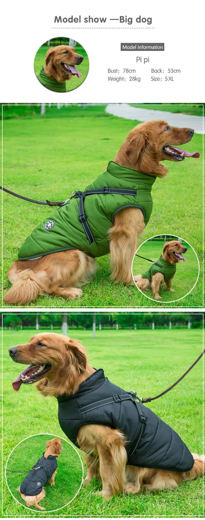 Large Pet Dog Jacket With Harness Winter Warm Dog Clothes For Labrador Waterproof Big Dog Coat