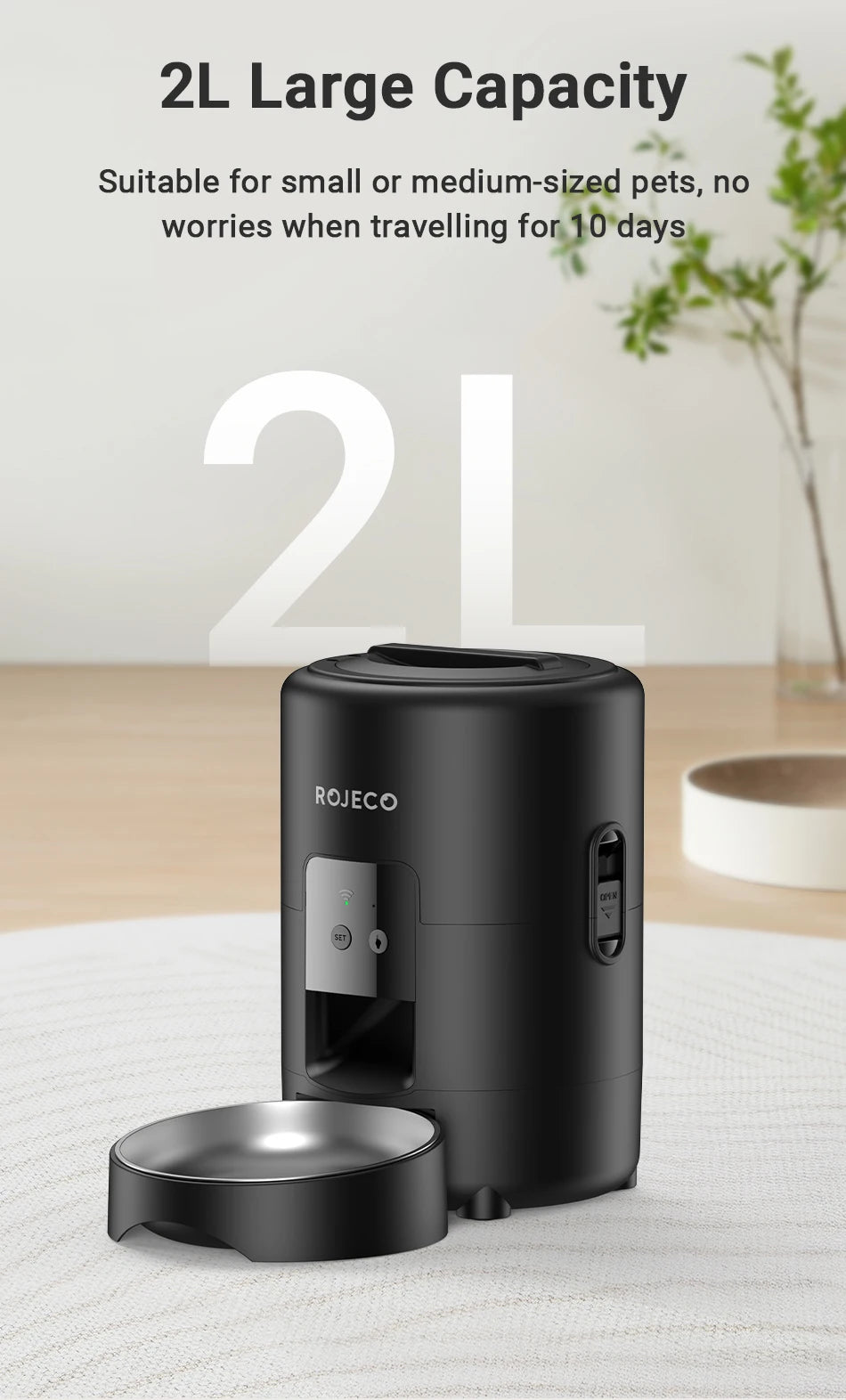 ROJECO™ 2L Smart WiFi Automatic Pet Feeder – App Control & 10-Day Freshness Dispenser