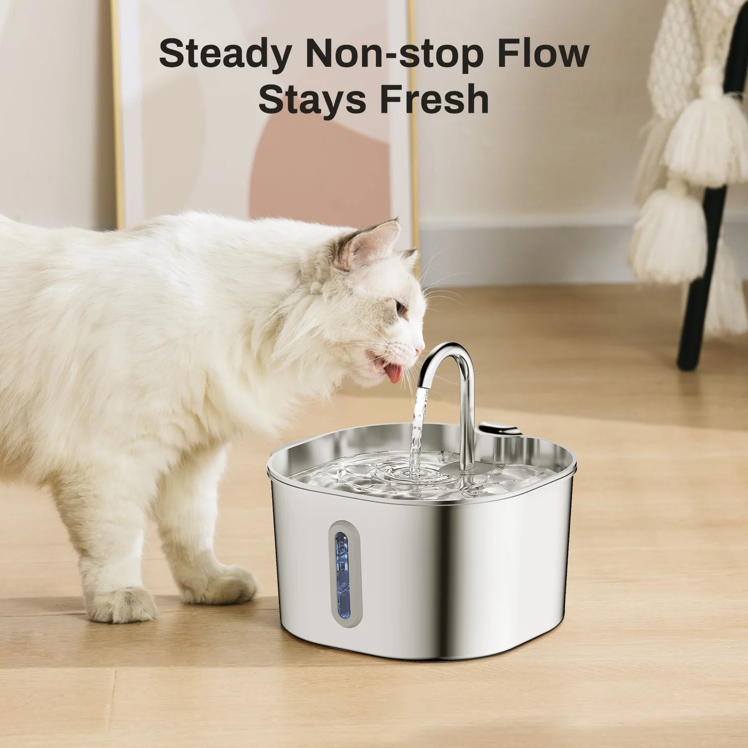 2.2L Automatic Cat Water Fountain Square Stainless Steel Pet Water Feeder Dog Water Fountain with window（No 5V 1A Plug）