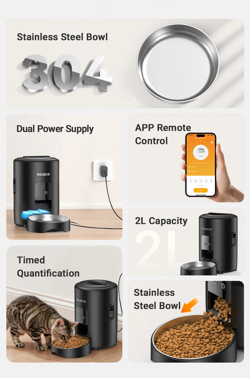 ROJECO™ 2L Smart WiFi Automatic Pet Feeder – App Control & 10-Day Freshness Dispenser