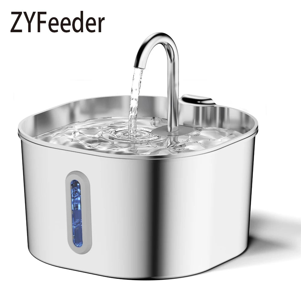 2.2L Automatic Cat Water Fountain Square Stainless Steel Pet Water Feeder Dog Water Fountain with window（No 5V 1A Plug）